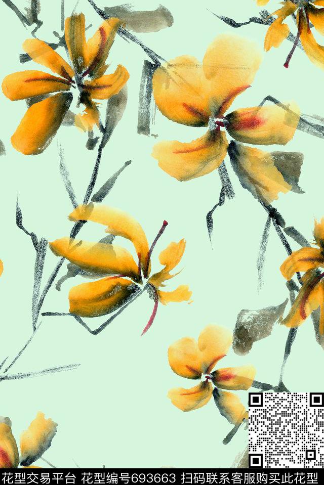 水墨枝条花卉数码印花华亿平台下载（图片编号: 693663） - 瓦栏（Walan）