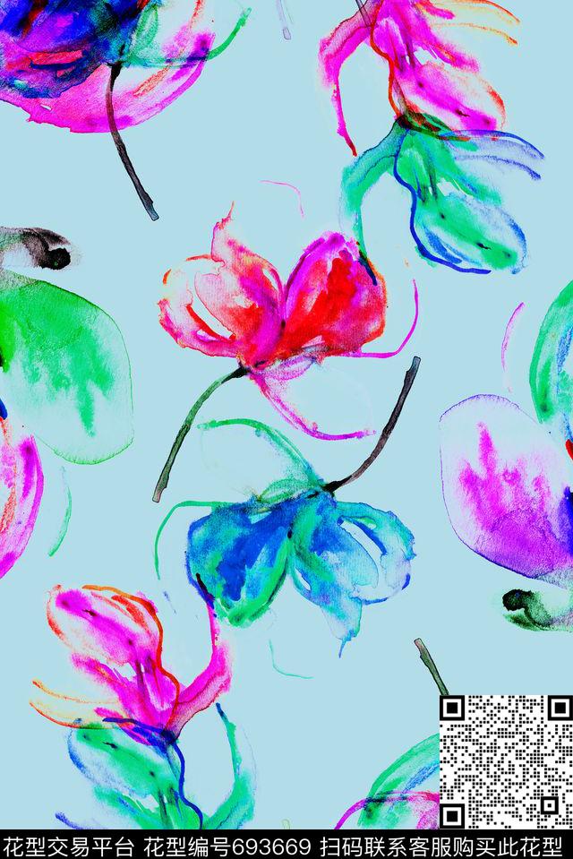 手绘水彩蜡笔数码印花华亿平台下载（图片编号: 693669） - 瓦栏（Walan）