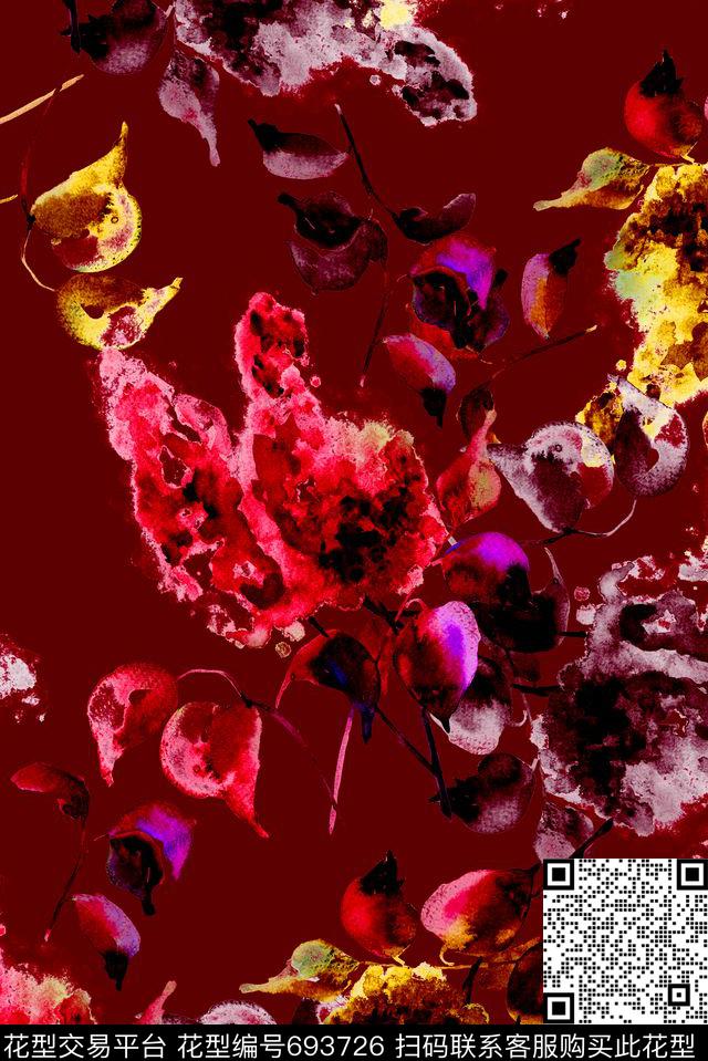 手绘抽象花卉数码印花华亿平台下载（图片编号: 693726） - 瓦栏（Walan）