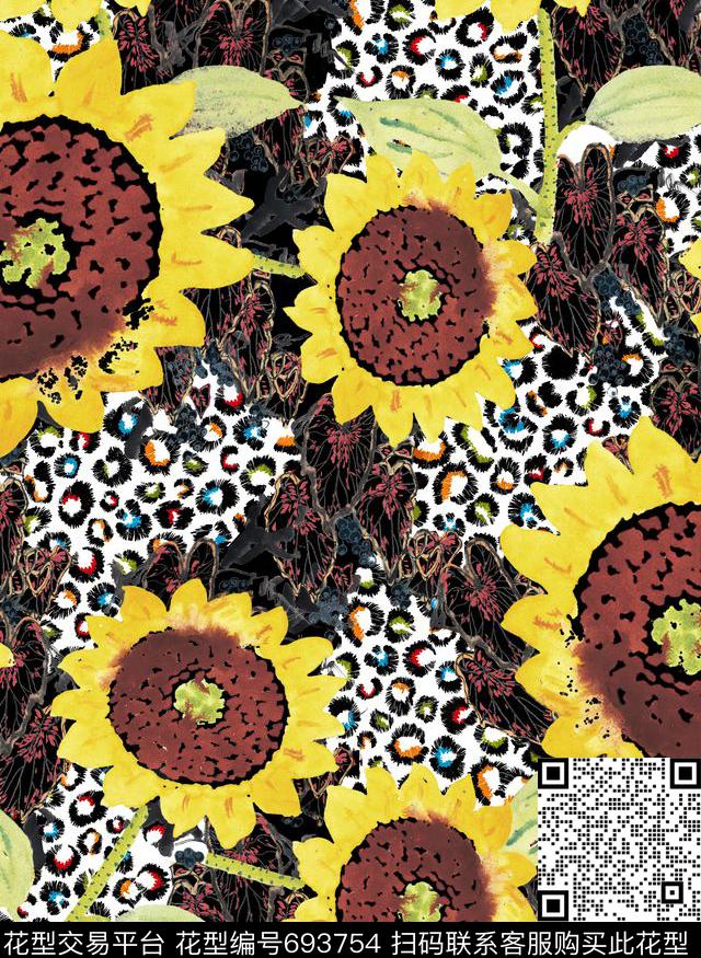 手绘向日葵彩色豹纹花卉黄色大花水粉数码印花华亿平台下载（图片编号: 693754） - 瓦栏（Walan）