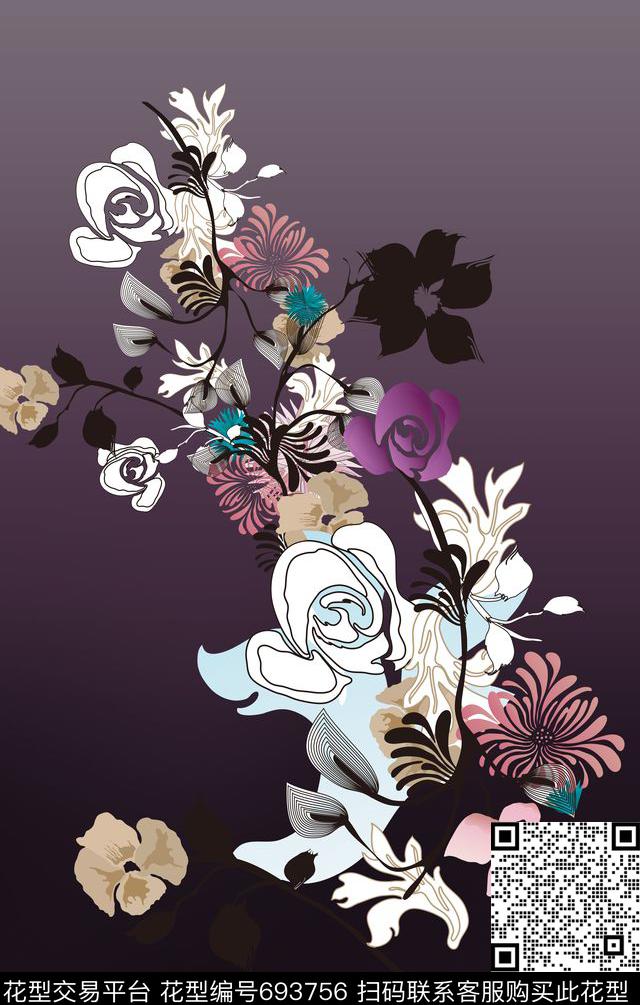 花卉艺术紫色数码印花华亿平台下载（图片编号: 693756） - 瓦栏（Walan）