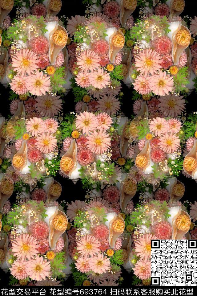 青蓝雅韵系列植物花卉花卉组合数码印花华亿平台下载（图片编号: 693764） - 瓦栏（Walan）