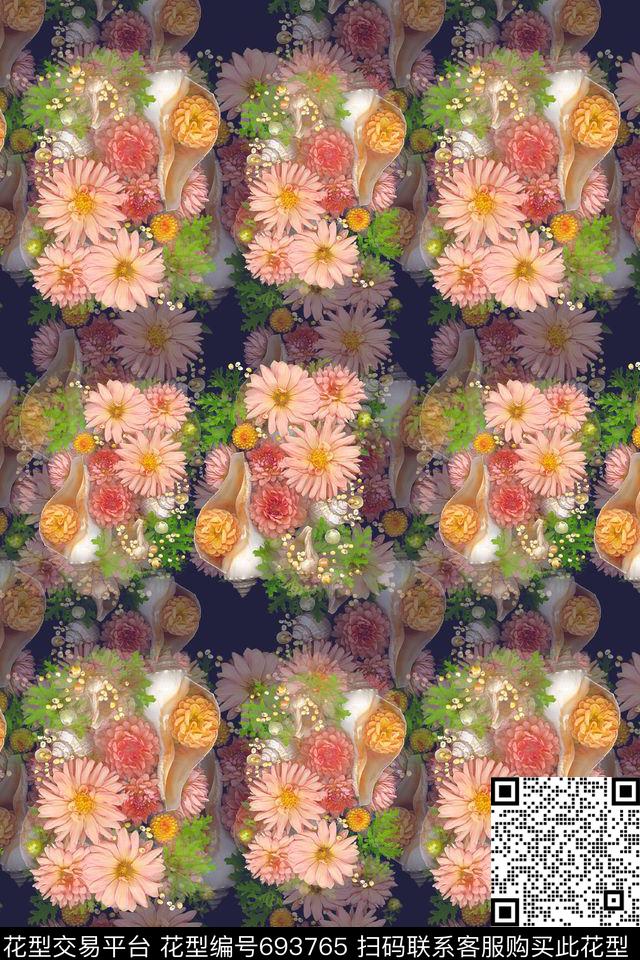 青蓝雅韵系列植物花卉花卉组合数码印花华亿平台下载（图片编号: 693765） - 瓦栏（Walan）