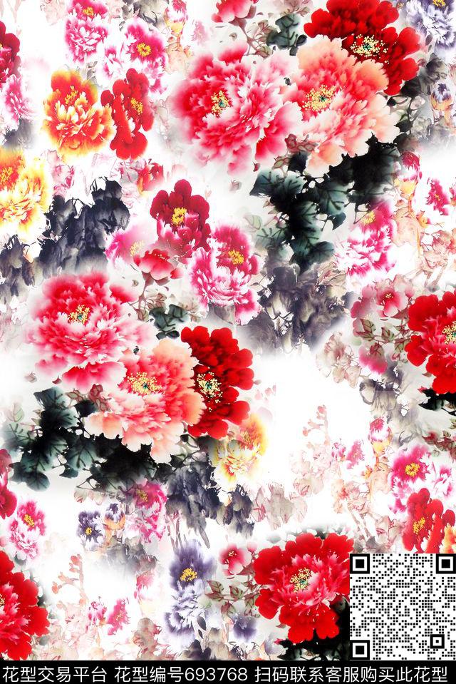 中国风水墨牡丹面料花循环回味数码印花华亿平台下载（图片编号: 693768） - 瓦栏（Walan）