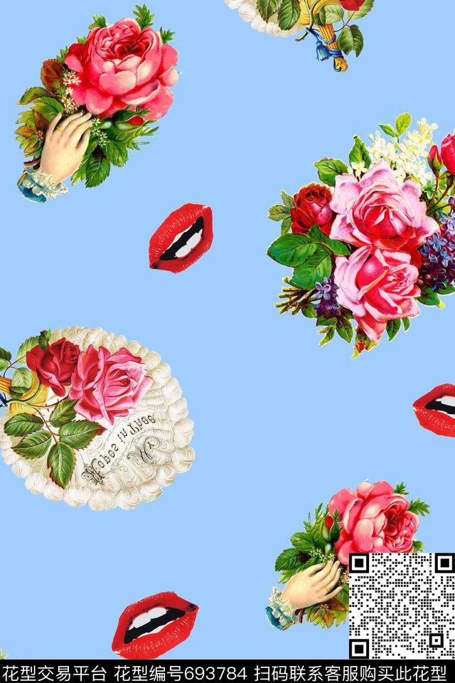 女装嘴唇花卉数码印花华亿平台下载（图片编号: 693784） - 瓦栏（Walan）