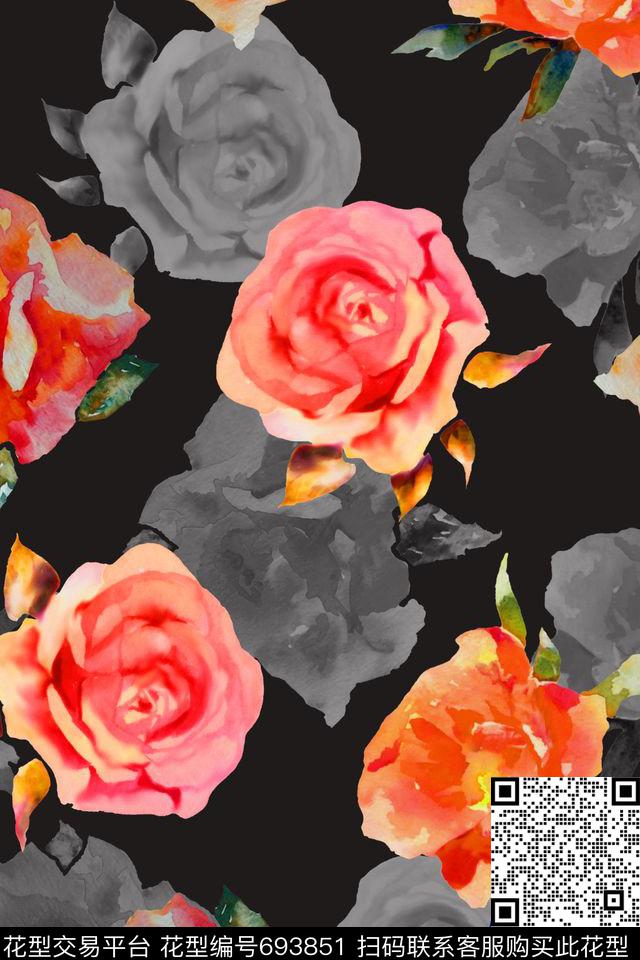 手绘水彩花卉数码印花华亿平台下载（图片编号: 693851） - 瓦栏（Walan）