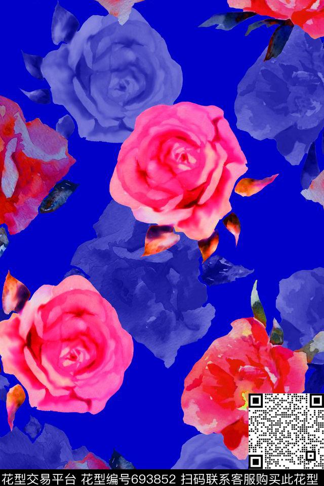 手绘水彩花卉数码印花华亿平台下载（图片编号: 693852） - 瓦栏（Walan）