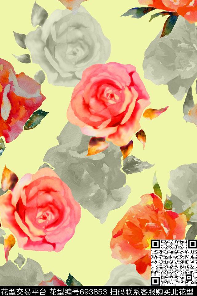 手绘水彩花卉数码印花华亿平台下载（图片编号: 693853） - 瓦栏（Walan）