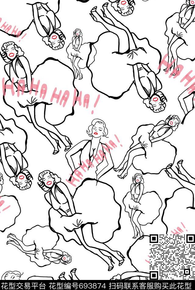 卡通人像玛丽莲梦露卡通人像线条传统印花华亿平台下载（图片编号: 693874） - 瓦栏（Walan）