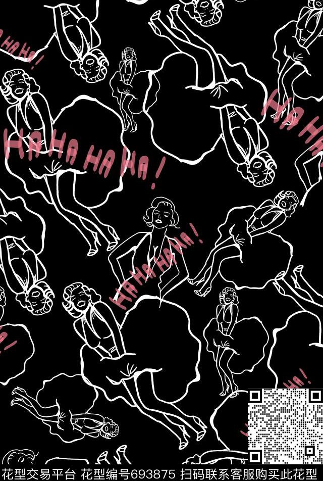 卡通人像玛丽莲梦露卡通人像线条传统印花华亿平台下载（图片编号: 693875） - 瓦栏（Walan）