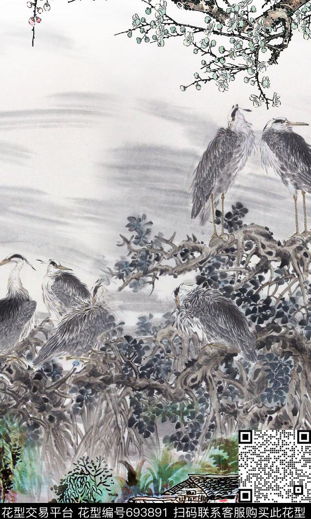 水墨国画白鹭数码印花华亿平台下载（图片编号: 693891） - 瓦栏（Walan）
