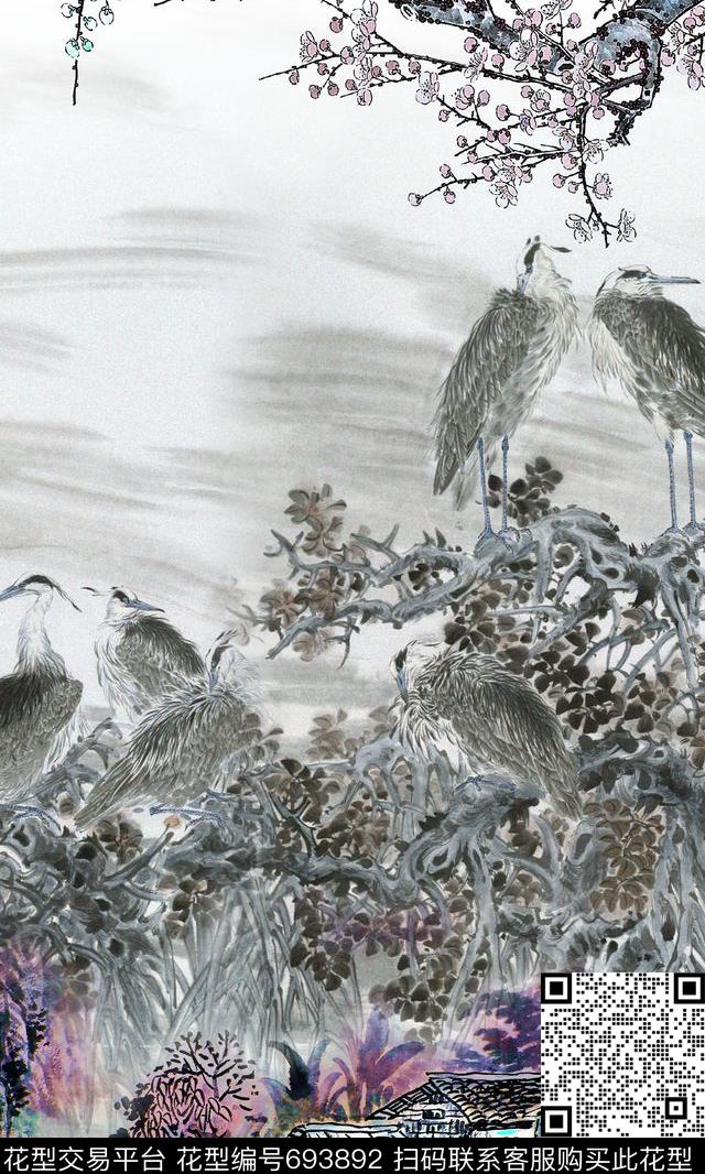水墨国画白鹭数码印花华亿平台下载（图片编号: 693892） - 瓦栏（Walan）