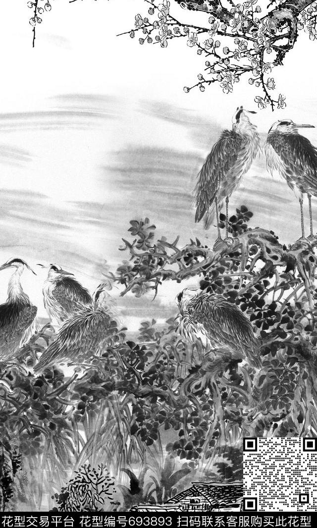 水墨国画白鹭数码印花华亿平台下载（图片编号: 693893） - 瓦栏（Walan）