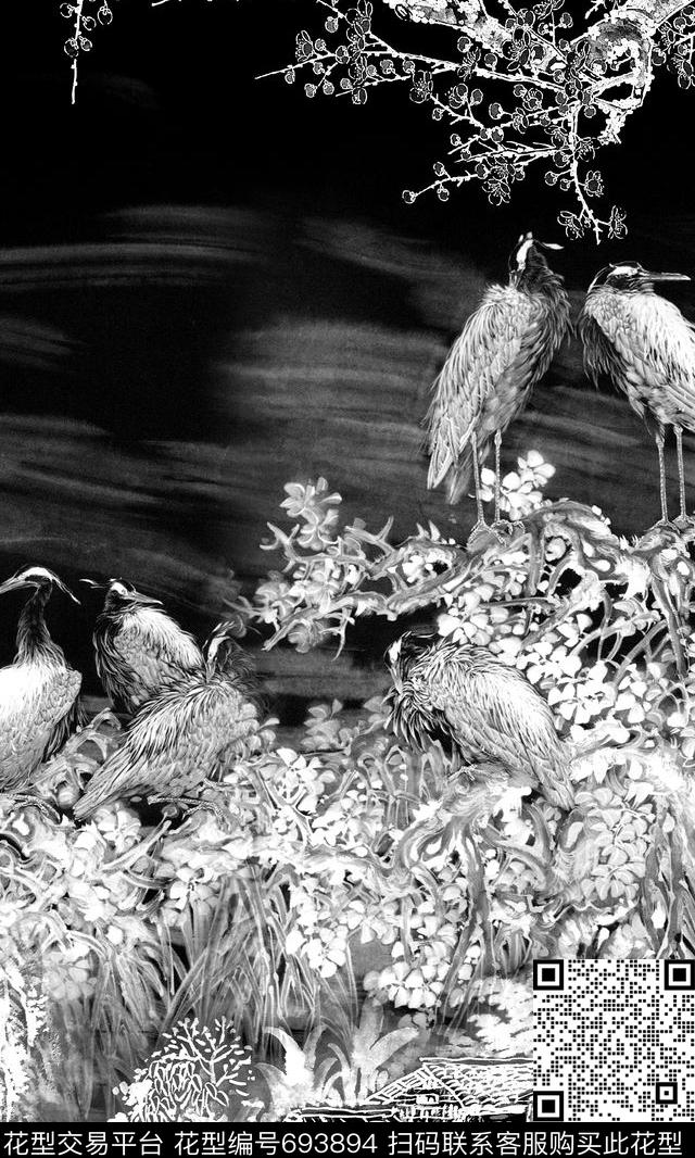 水墨国画白鹭数码印花华亿平台下载（图片编号: 693894） - 瓦栏（Walan）