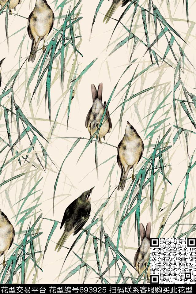 中国风花鸟面料花国画花鸟数码印花华亿平台下载（图片编号: 693925） - 瓦栏（Walan）