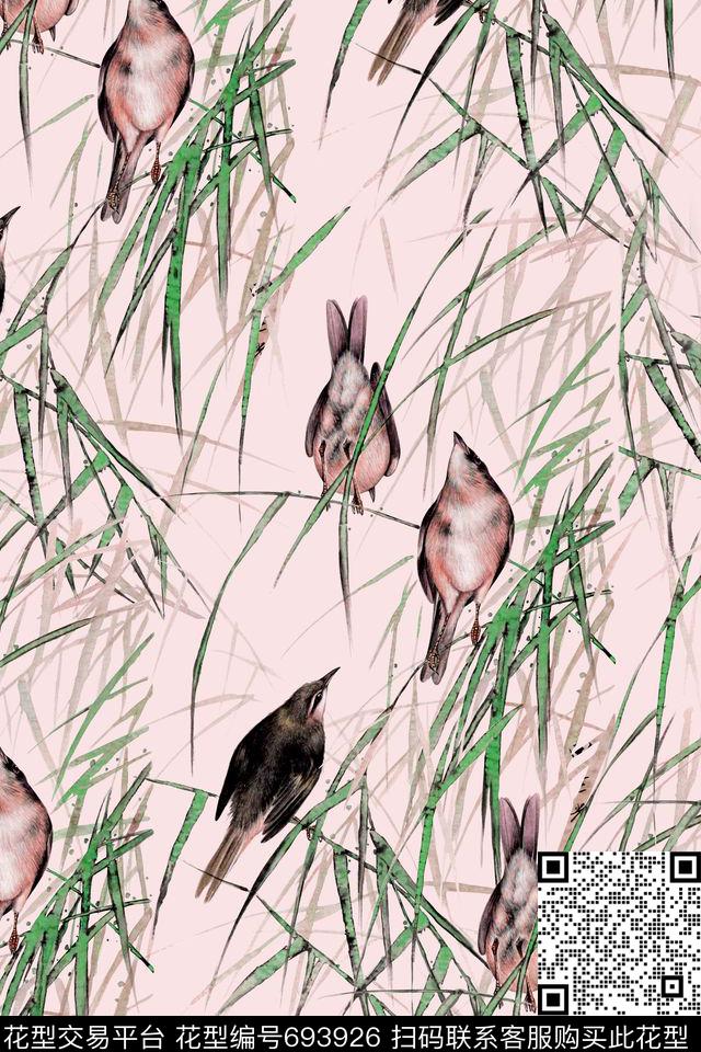 中国风花鸟面料花国画花鸟数码印花华亿平台下载（图片编号: 693926） - 瓦栏（Walan）