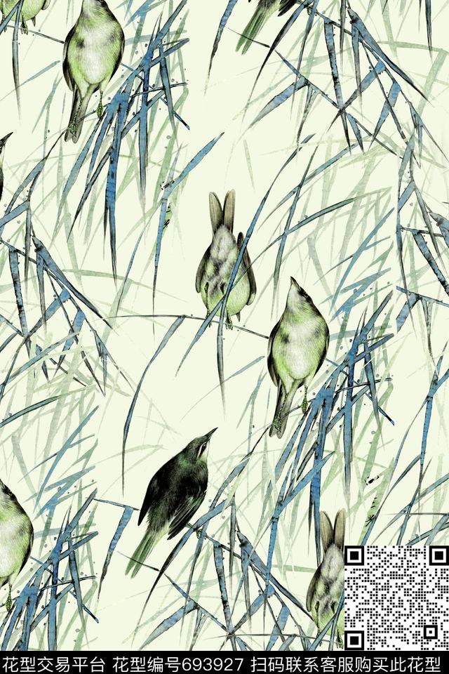 中国风花鸟面料花国画花鸟数码印花华亿平台下载（图片编号: 693927） - 瓦栏（Walan）