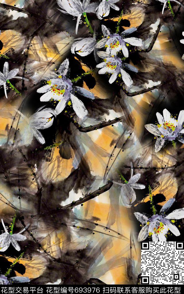 国画荷花中国风莲叶数码印花华亿平台下载（图片编号: 693976） - 瓦栏（Walan）