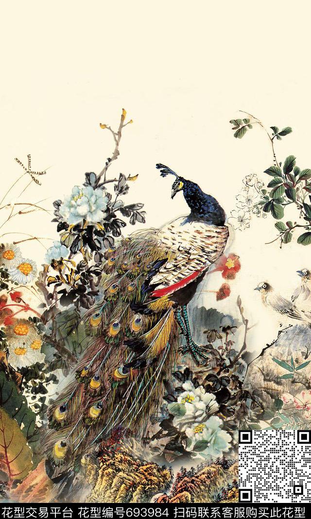 孔雀牡丹国画数码印花华亿平台下载（图片编号: 693984） - 瓦栏（Walan）