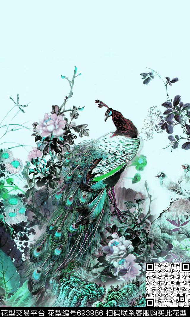 孔雀牡丹国画数码印花华亿平台下载（图片编号: 693986） - 瓦栏（Walan）