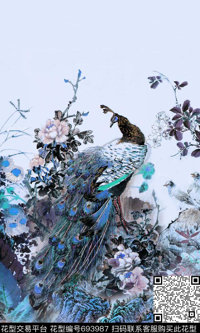 孔雀牡丹国画数码印花华亿平台下载（图片编号: 693987） - 瓦栏（Walan）