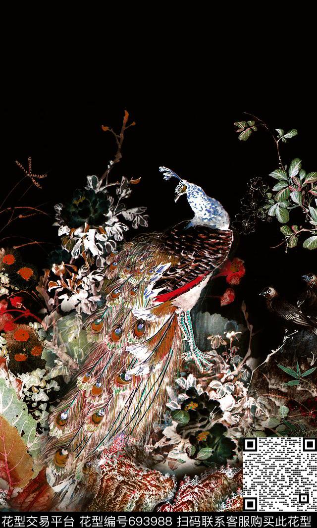 孔雀牡丹国画数码印花华亿平台下载（图片编号: 693988） - 瓦栏（Walan）