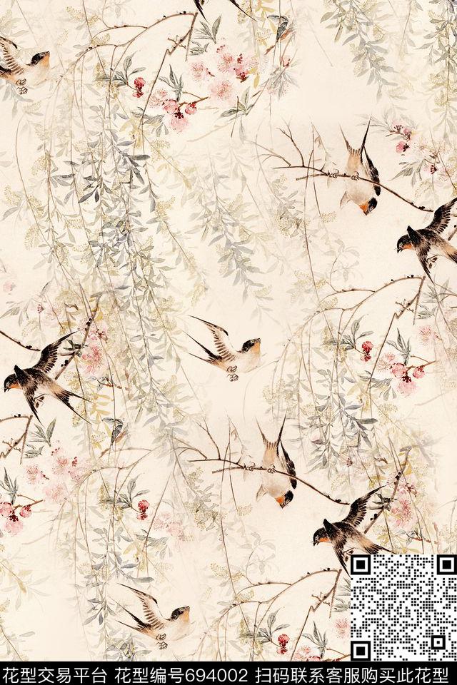 水墨花鸟中国风花鸟面料花数码印花华亿平台下载（图片编号: 694002） - 瓦栏（Walan）