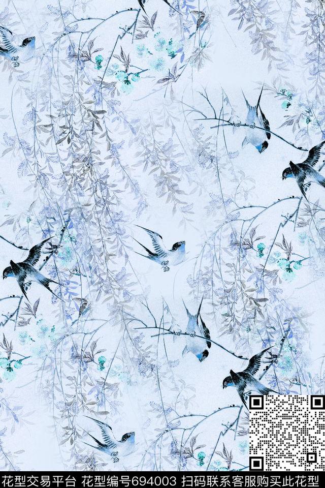 水墨花鸟中国风花鸟面料花数码印花华亿平台下载（图片编号: 694003） - 瓦栏（Walan）