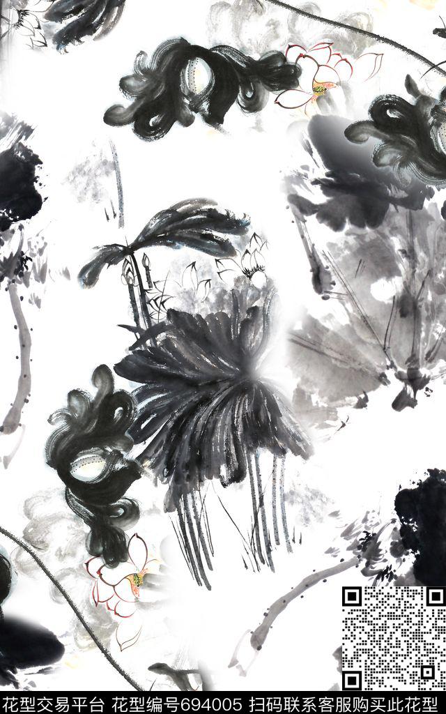 国画荷花中国风莲叶数码印花华亿平台下载（图片编号: 694005） - 瓦栏（Walan）