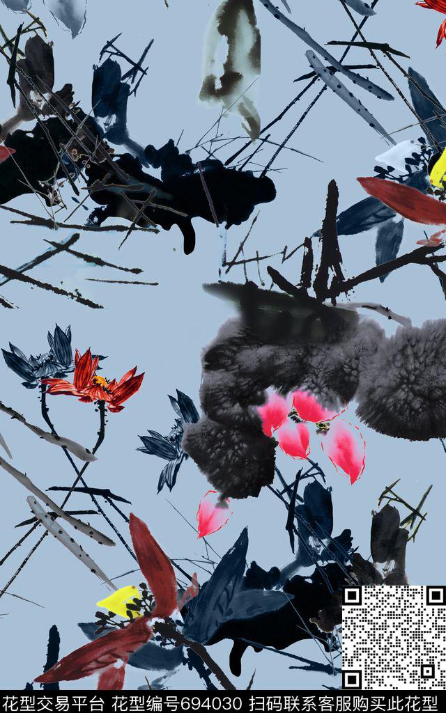 国画荷花中国风莲叶数码印花华亿平台下载（图片编号: 694030） - 瓦栏（Walan）