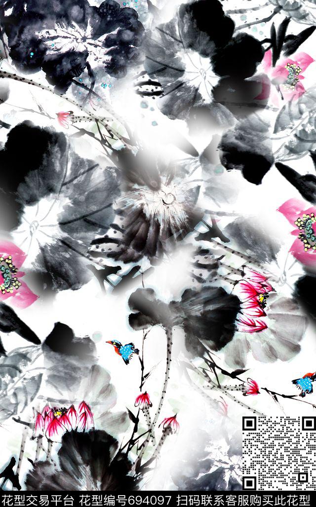 莲叶国画荷花中国风数码印花华亿平台下载（图片编号: 694097） - 瓦栏（Walan）