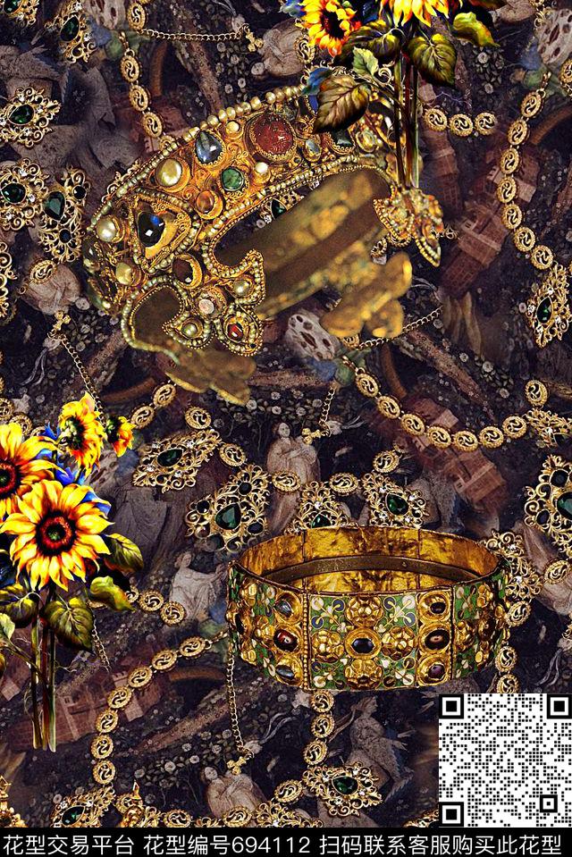 手绘菊花花卉数码印花皇冠珠宝印花时尚潮流女装复古印花数码印花华亿平台下载（图片编号: 694112） - 瓦栏（Walan）