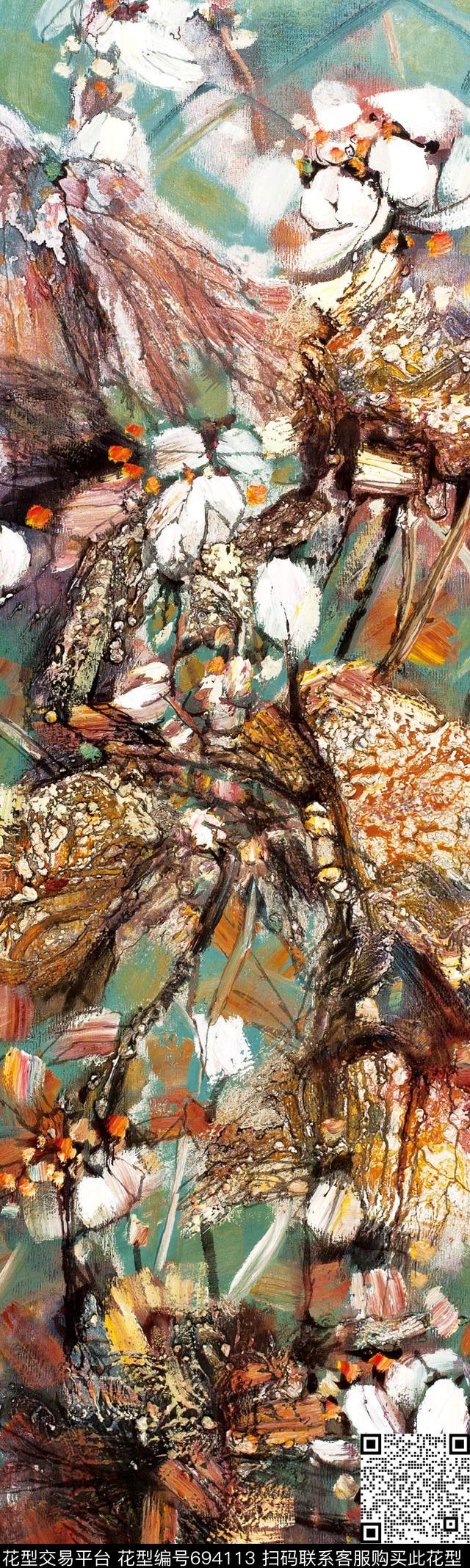 抽象水墨花卉花卉数码印花华亿平台下载（图片编号: 694113） - 瓦栏（Walan）
