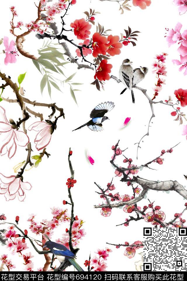 花鸟花卉梅花数码印花华亿平台下载（图片编号: 694120） - 瓦栏（Walan）