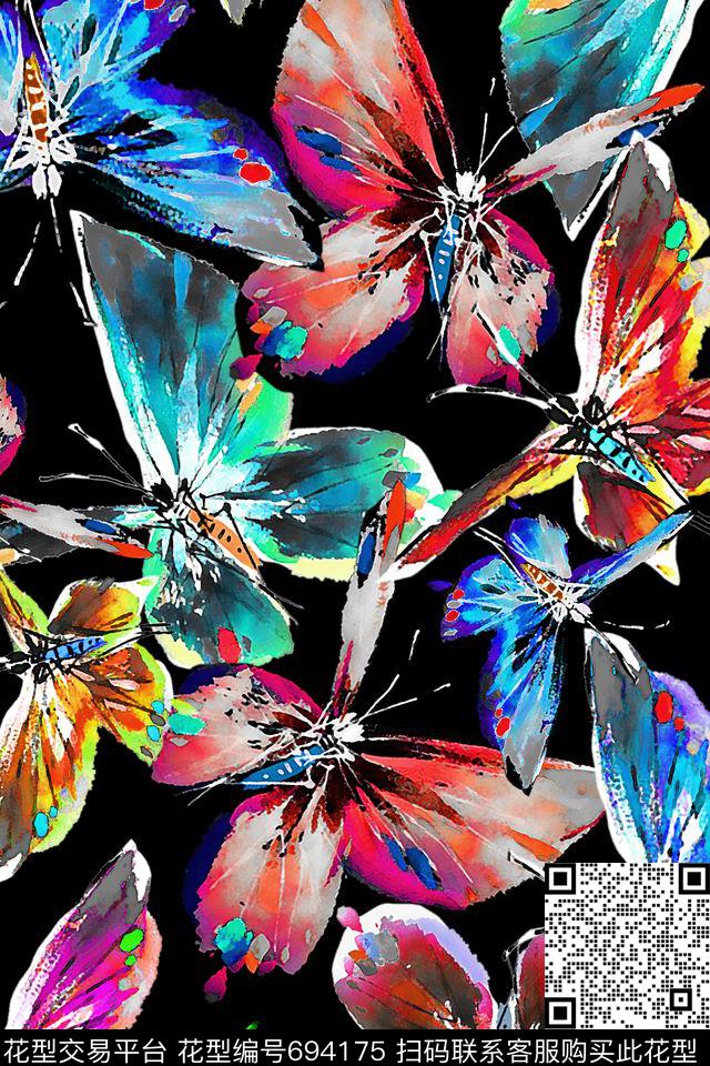 蝴蝶油画黑色底数码印花华亿平台下载（图片编号: 694175） - 瓦栏（Walan）