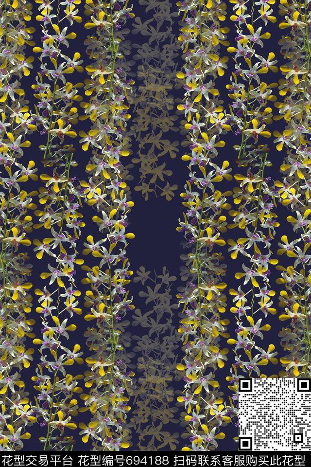 花卉组合植物花卉青蓝雅韵系列数码印花华亿平台下载（图片编号: 694188） - 瓦栏（Walan）