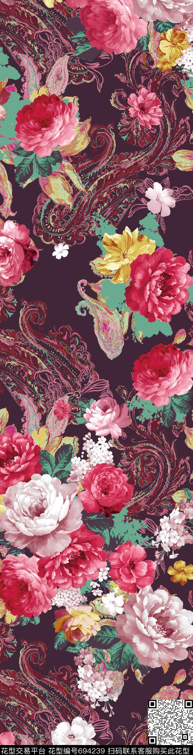 花卉佩兹利深色数码印花华亿平台下载（图片编号: 694239） - 瓦栏（Walan）
