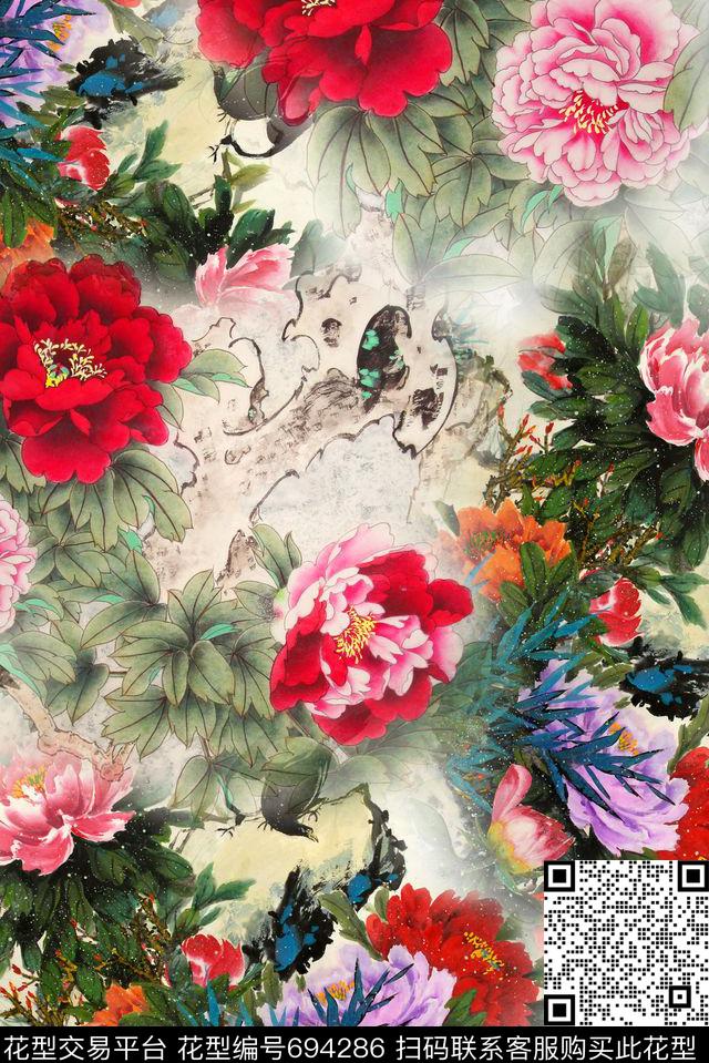 花朵花卉中国风水墨牡丹数码印花华亿平台下载（图片编号: 694286） - 瓦栏（Walan）