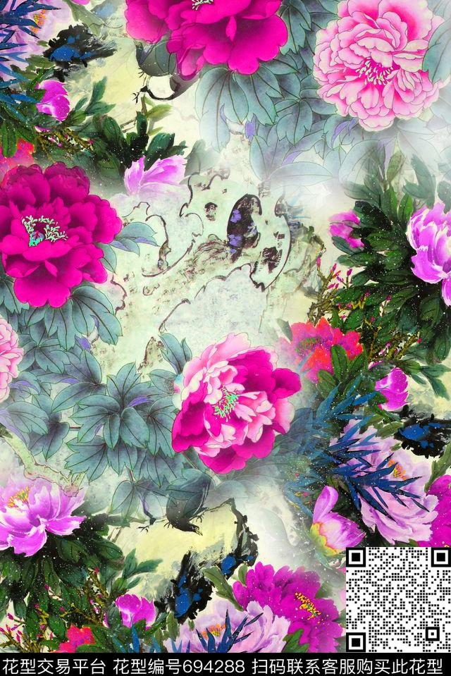 花朵花卉中国风水墨牡丹数码印花华亿平台下载（图片编号: 694288） - 瓦栏（Walan）