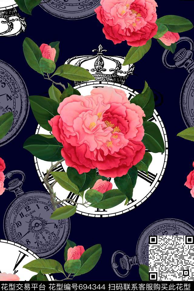 抽象手绘满版花卉表盘复古花卉数码印花华亿平台下载（图片编号: 694344） - 瓦栏（Walan）