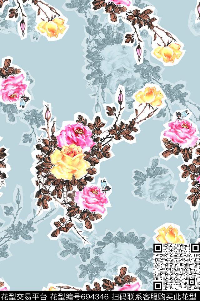 抽象手绘满版中国风最新高清数码水墨花卉女装花数码印花华亿平台下载（图片编号: 694346） - 瓦栏（Walan）
