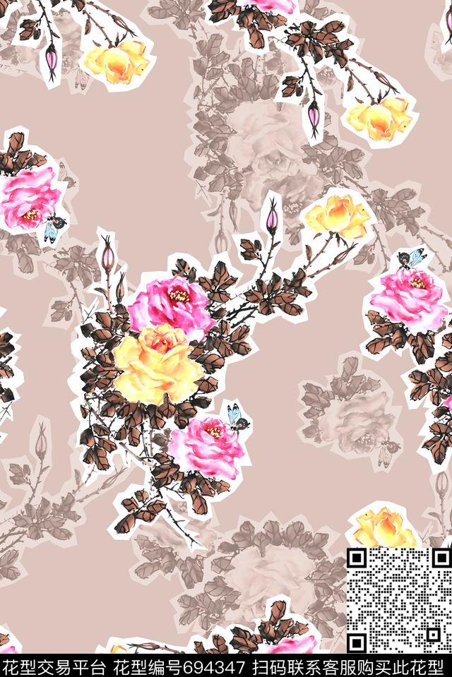 抽象手绘满版中国风最新高清数码水墨花卉女装花数码印花华亿平台下载（图片编号: 694347） - 瓦栏（Walan）