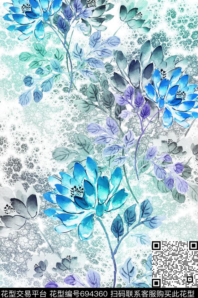 竹叶花朵小清新数码印花华亿平台下载（图片编号: 694360） - 瓦栏（Walan）