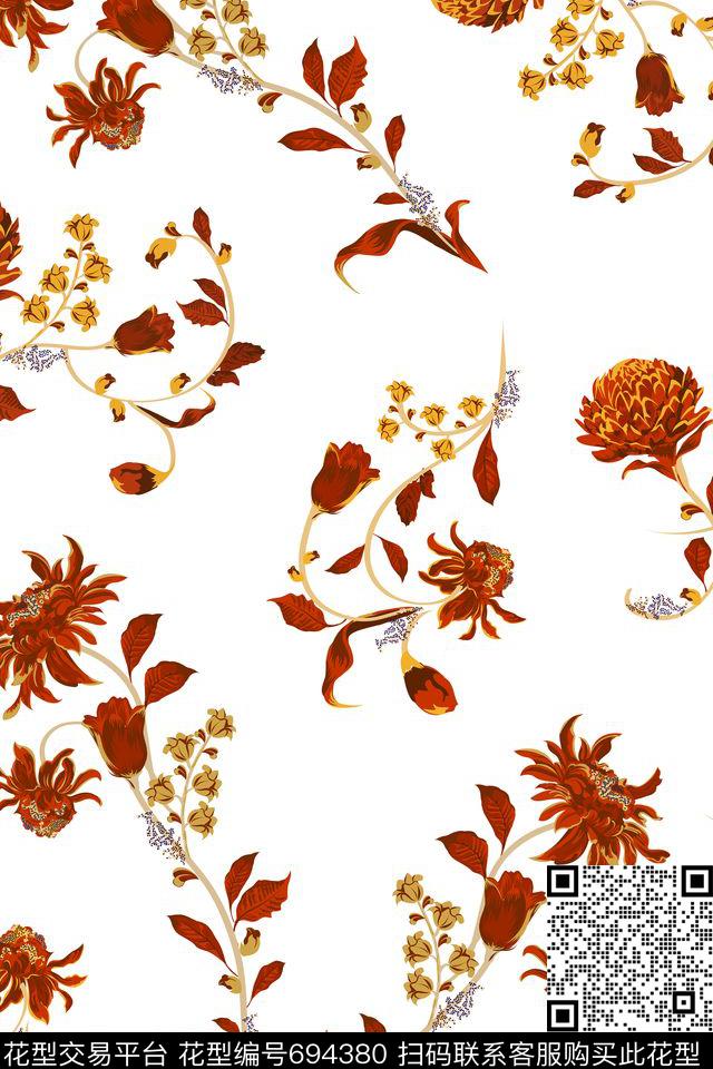 花朵花卉复古花卉传统印花华亿平台下载（图片编号: 694380） - 瓦栏（Walan）