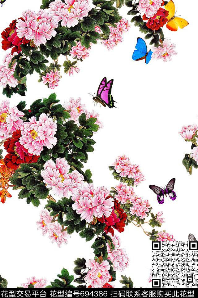 花卉牡丹中国风数码印花华亿平台下载（图片编号: 694386） - 瓦栏（Walan）
