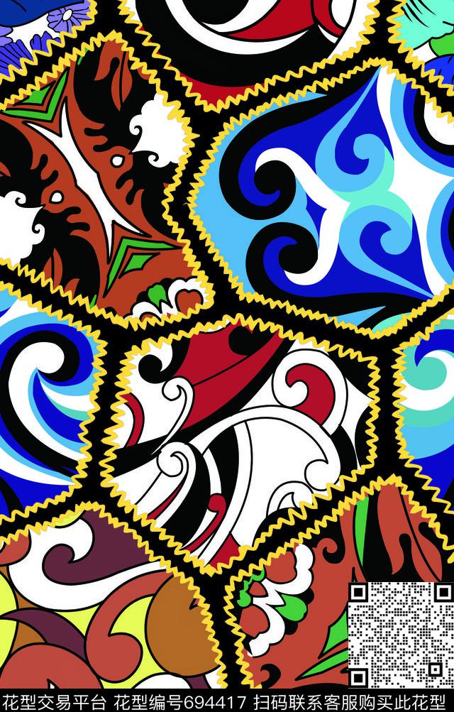 抽像几何海洋风阿拉伯风格几何拼贴系列传统印花华亿平台下载（图片编号: 694417） - 瓦栏（Walan）