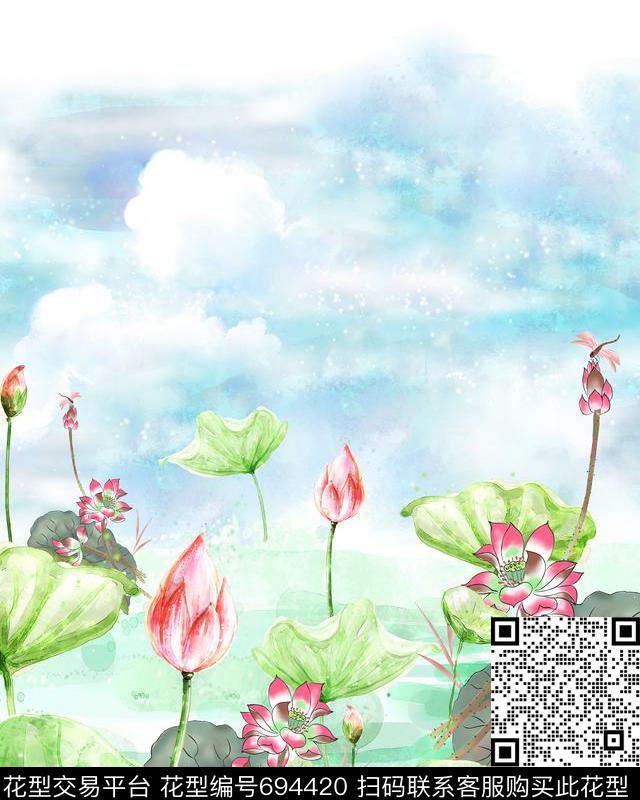 小碎花荷花花朵数码印花华亿平台下载（图片编号: 694420） - 瓦栏（Walan）