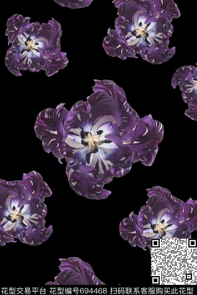 手绘花卉紫色数码印花华亿平台下载（图片编号: 694468） - 瓦栏（Walan）