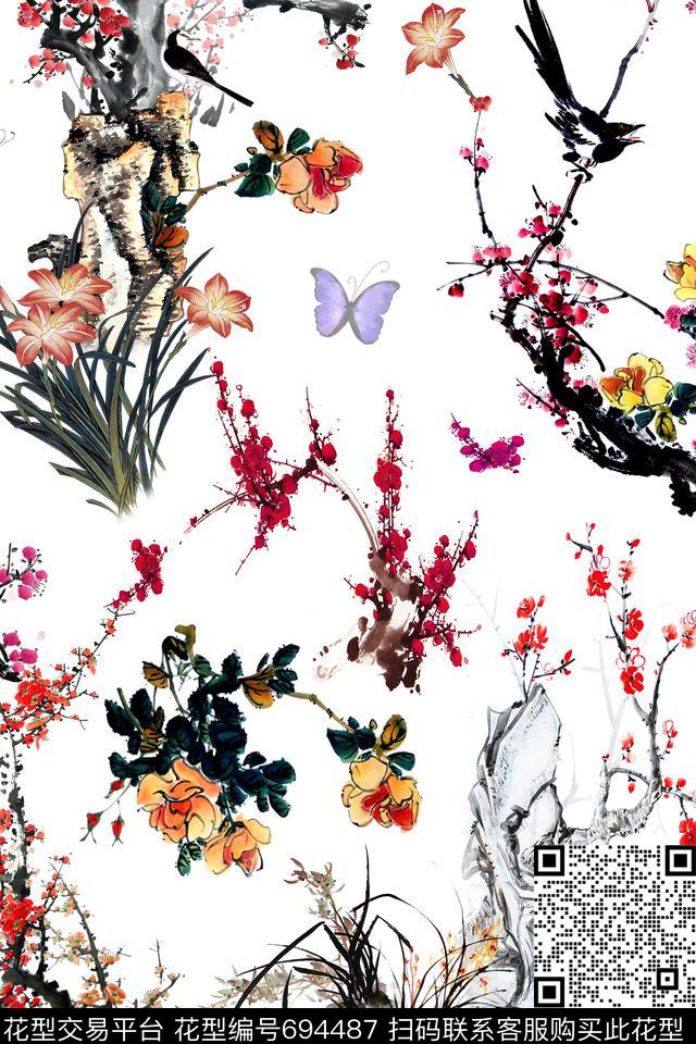 花鸟梅花花卉数码印花华亿平台下载（图片编号: 694487） - 瓦栏（Walan）