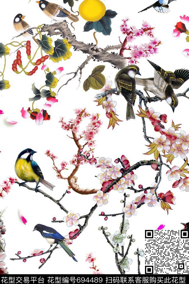 桃花花鸟梅花数码印花华亿平台下载（图片编号: 694489） - 瓦栏（Walan）